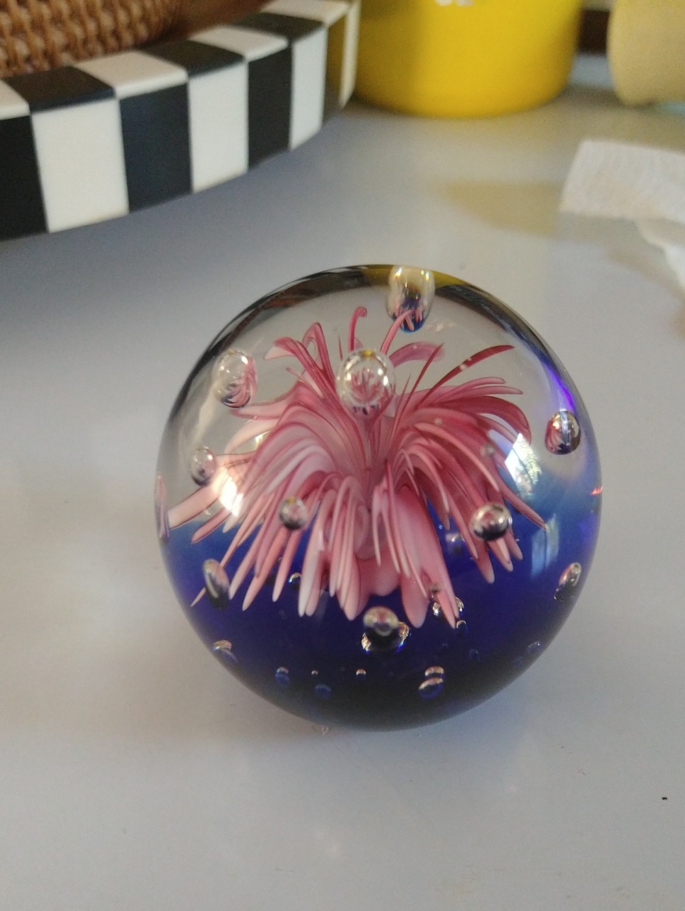 Handblown Glass Paperweight with Pink Floral Core